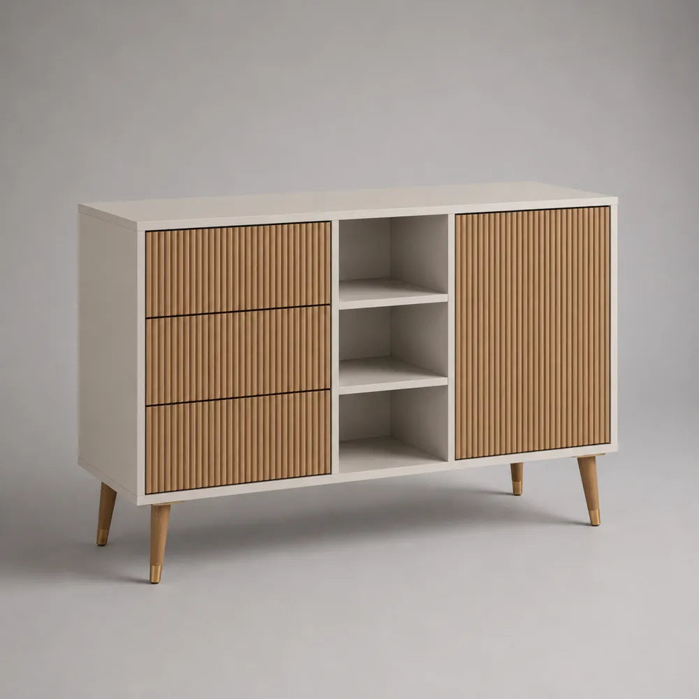 Credenza con ante a rilievo e vani aperti in MDF bianco e legno naturale 160x40x85 cm