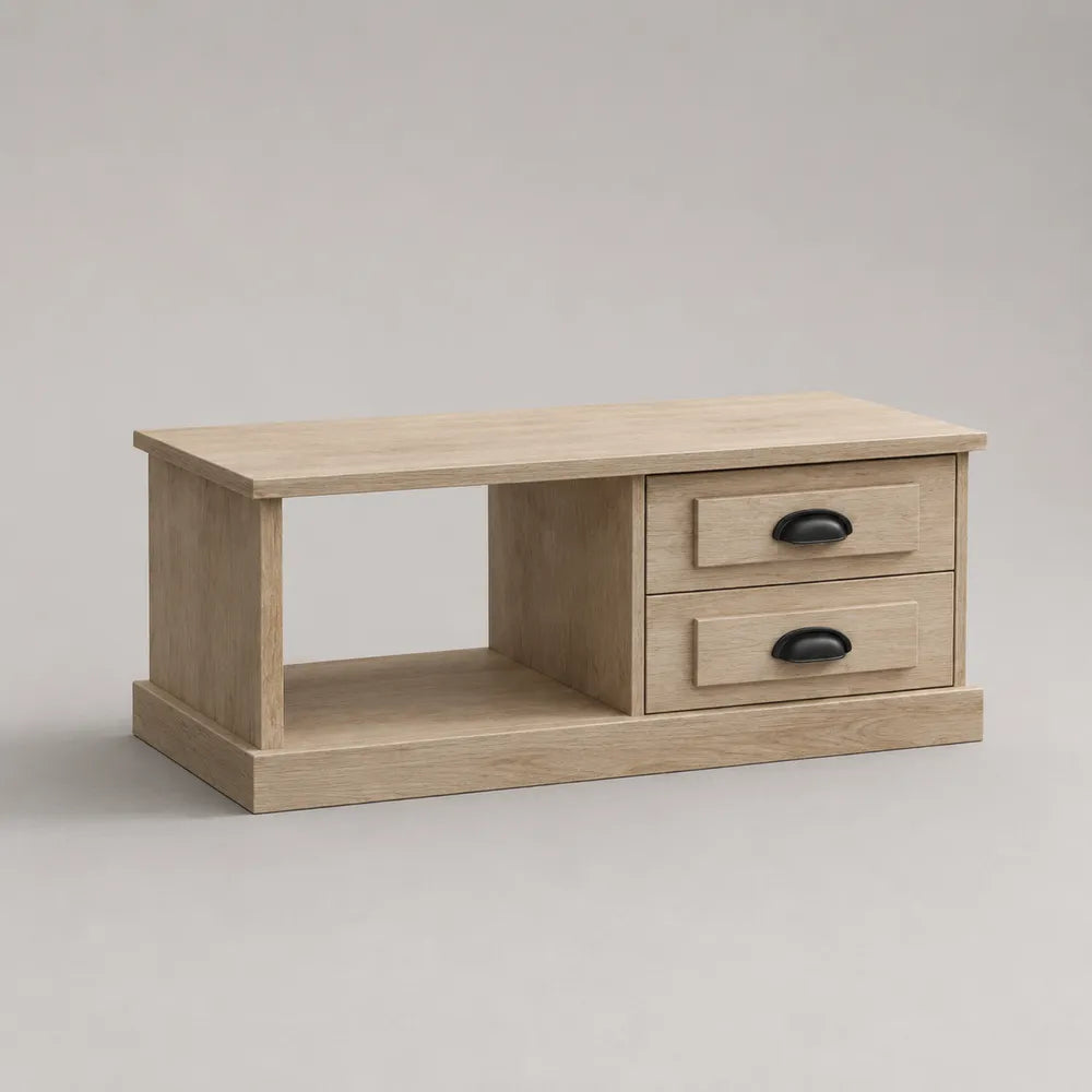 Tavolino da caffè in MDF effetto rovere naturale con 2 cassetti e vano aperto struttura rettangolare 120x60x45 cm