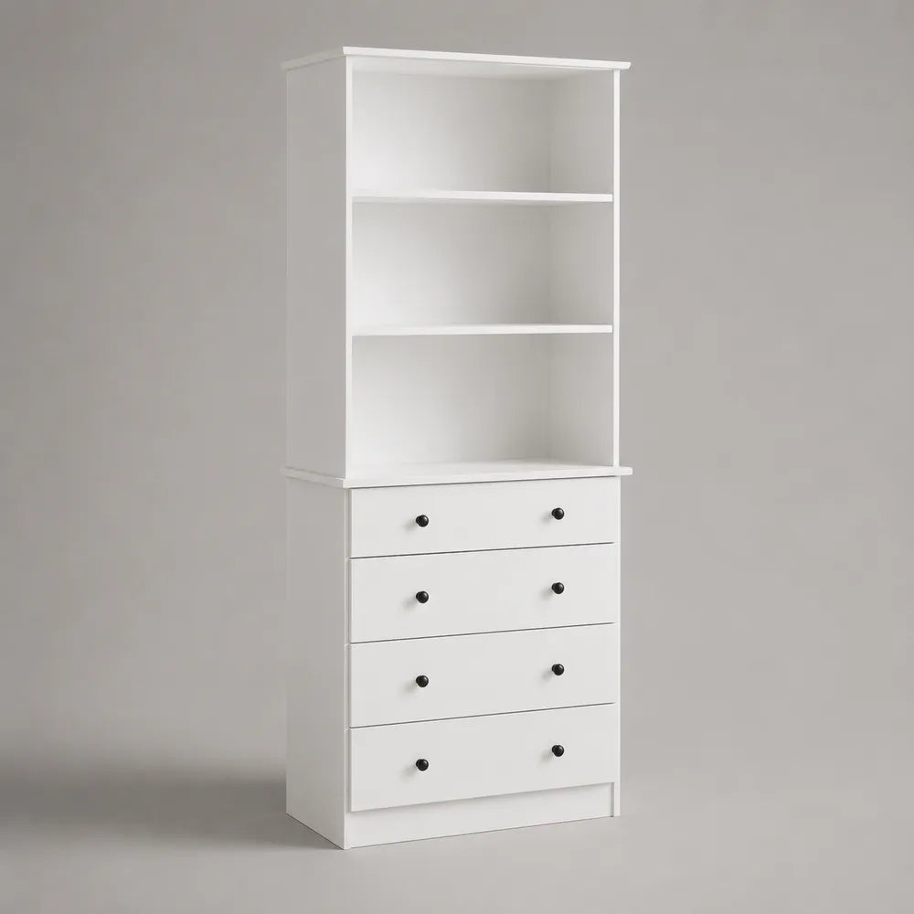 Libreria con cassetti in pannelli MDF bianco con ripiani aperti e 4 cassetti 80 x 35 x 180 cm