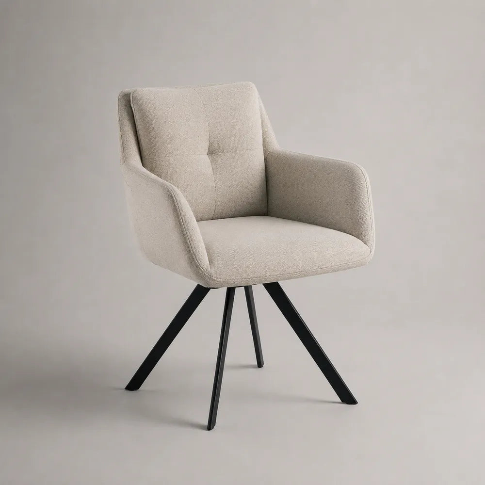 Poltrona da pranzo imbottita in tessuto poliestere beige con gambe in acciaio verniciato nero 65 x 60 x 85 cm