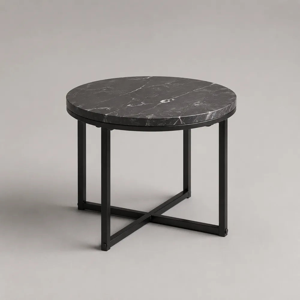 Tavolino da caffè rotondo in MDF effetto marmo nero con struttura in acciaio verniciato nero 80 x 80 x 45 cm