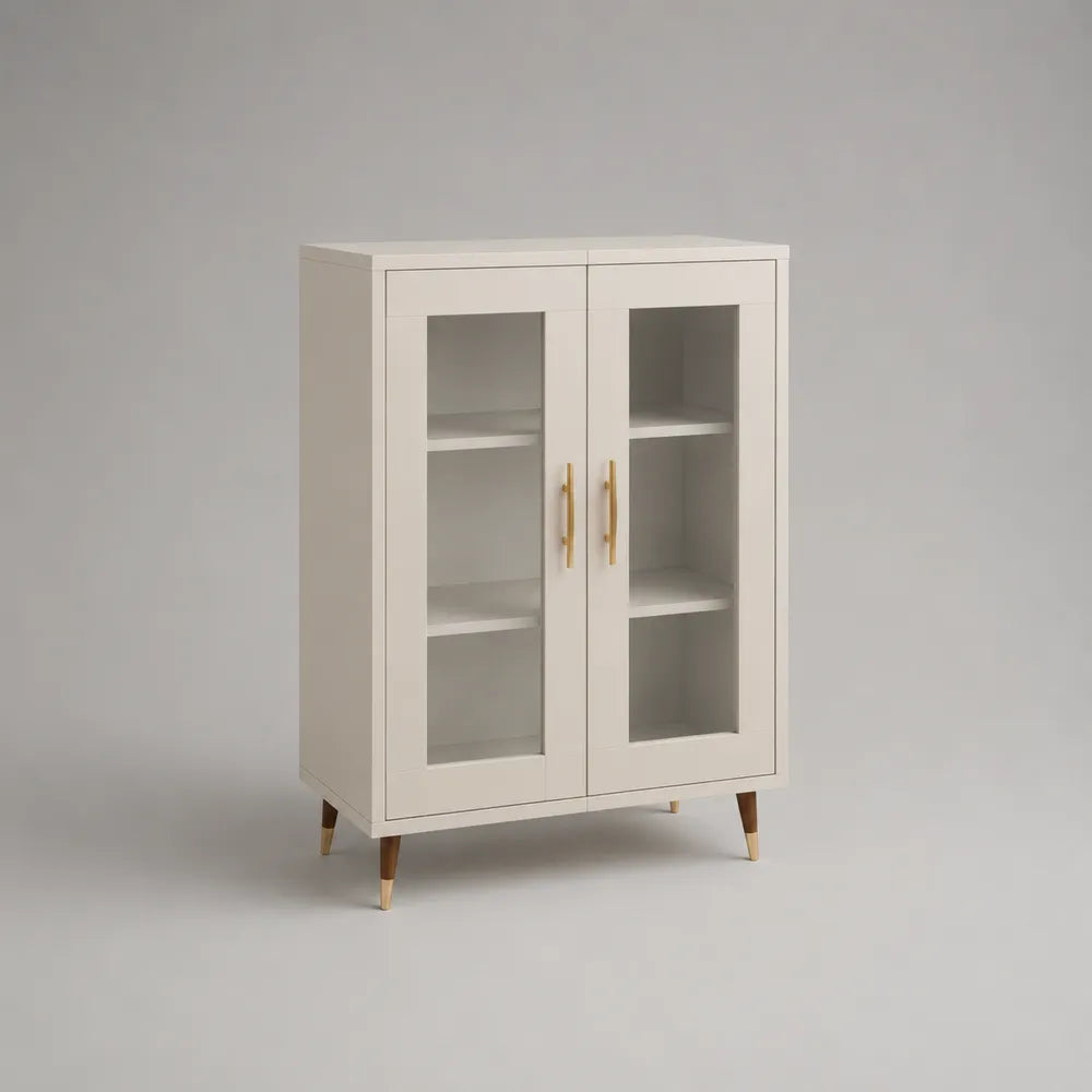 Vetrina con 2 ante in vetro e MDF bianco con gambe in legno 100x40x120 cm