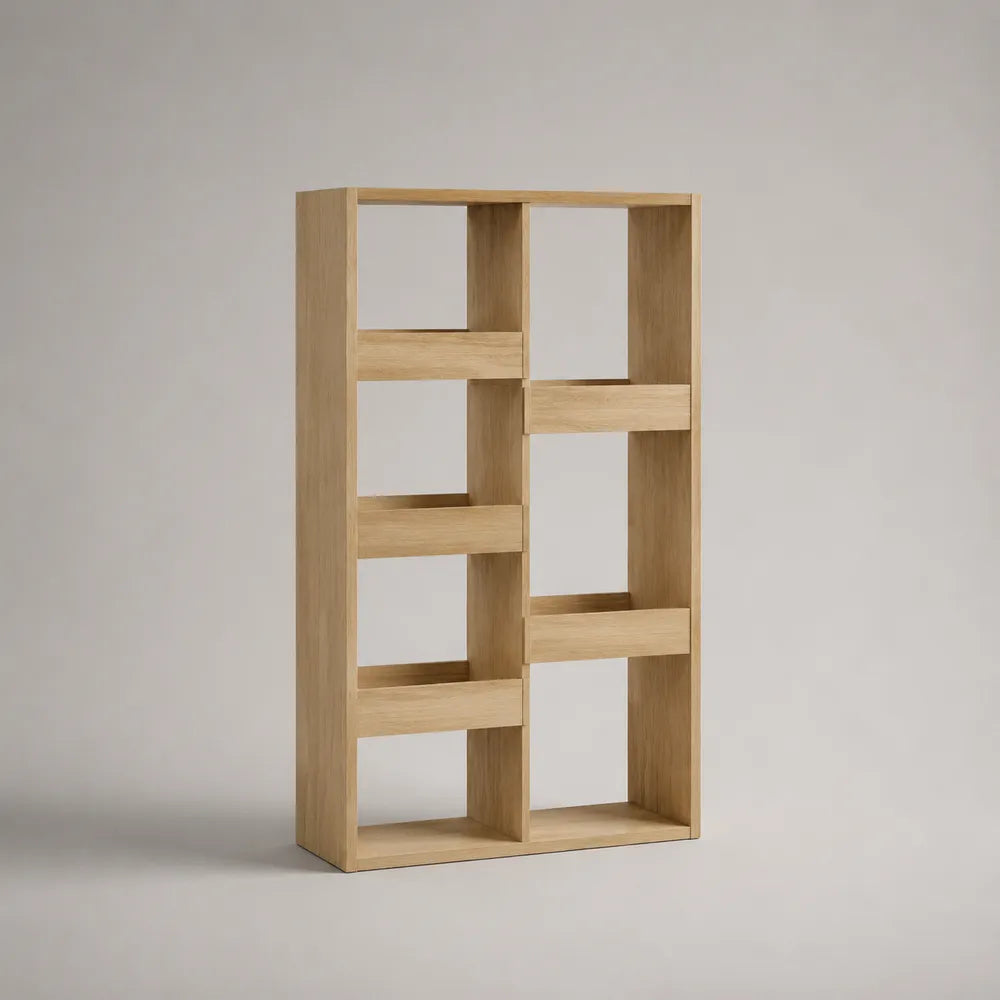 Libreria rettangolare in MDF effetto rovere naturale con 8 vani aperti ripiani 90x30x180 cm