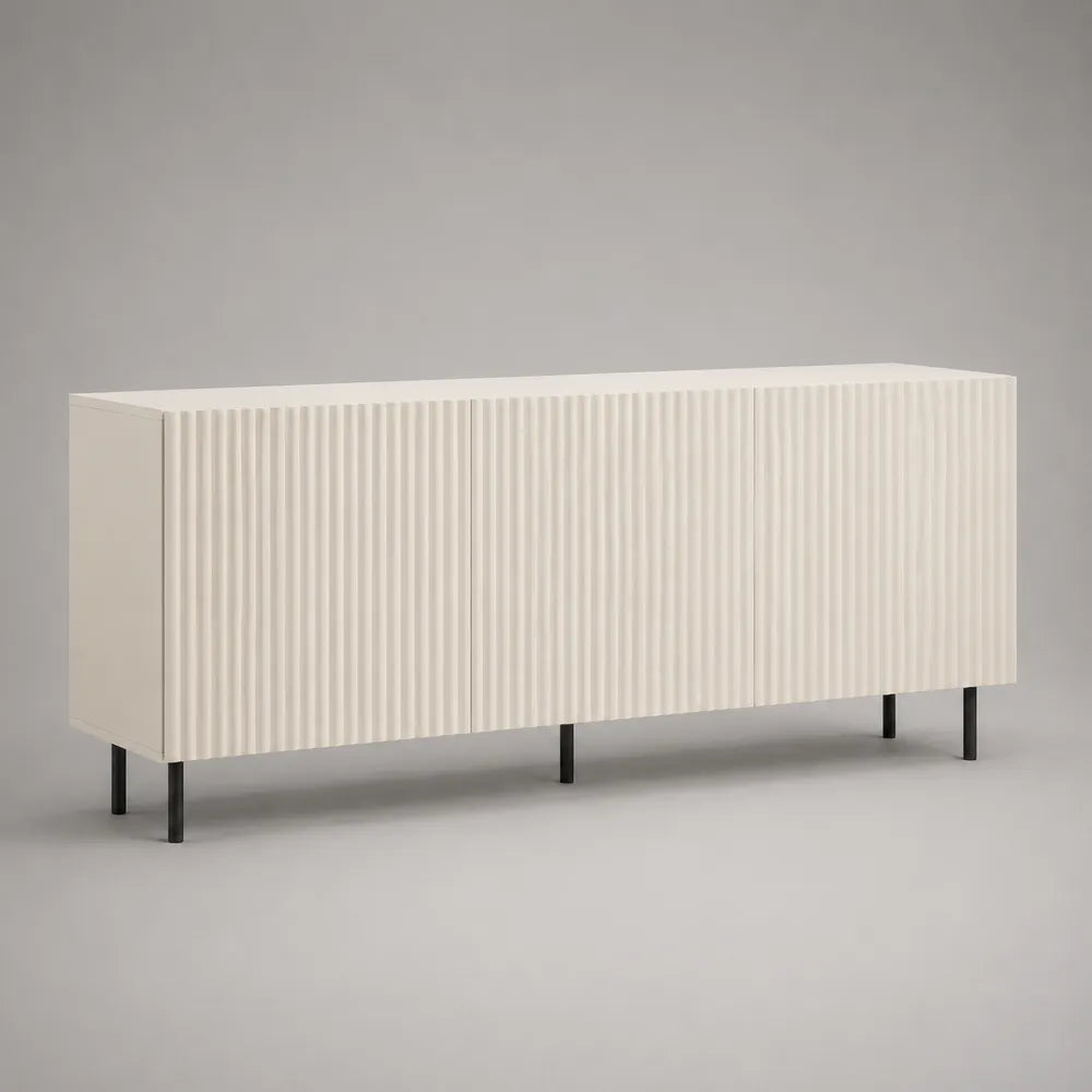 Credenza rettangolare con 4 ante in MDF bianco con pannelli scanalati e gambe in acciaio nero 200 x 40 x 80 cm