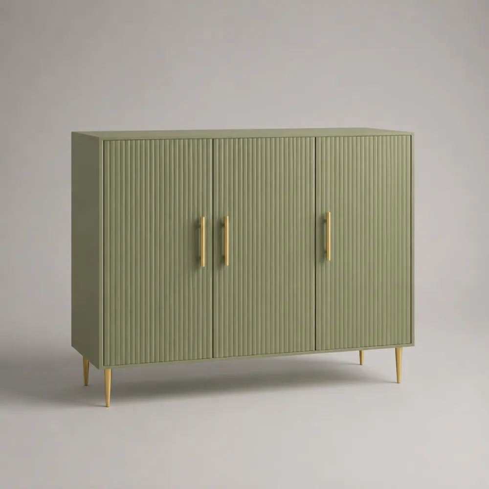 Credenza con 3 ante in MDF verde con gambe in acciaio oro 160x40x80 cm