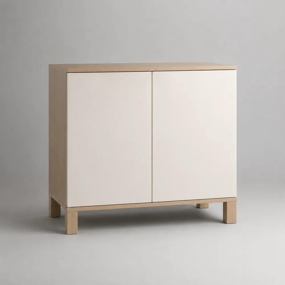 Credenza rettangolare in MDF effetto rovere chiaro e bianco con 2 ante 120 x 40 x 80 cm