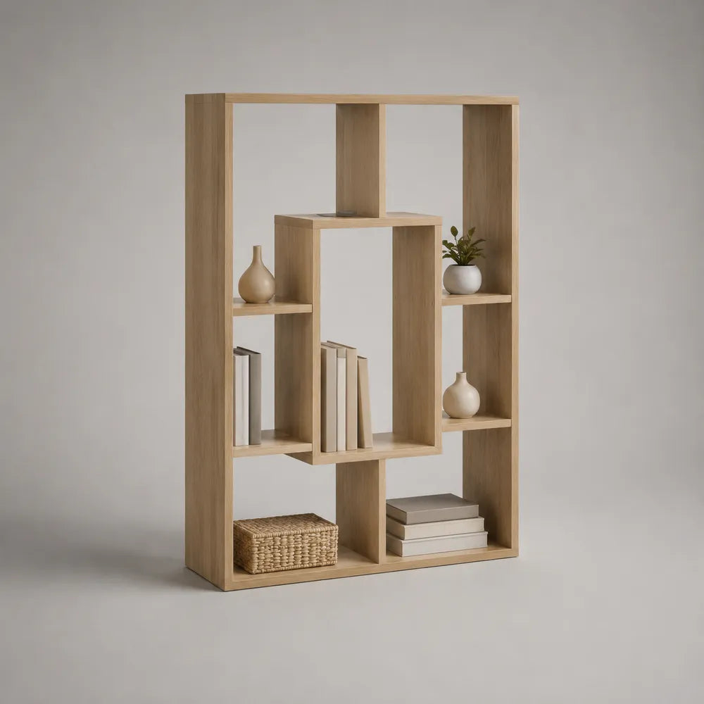Libreria da soggiorno in MDF effetto rovere naturale con vani aperti 120 x 35 x 180 cm