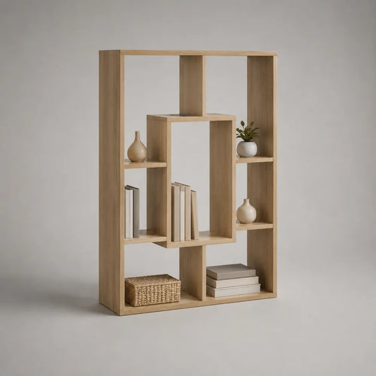 Libreria da soggiorno in MDF effetto rovere naturale con vani aperti 120 x 35 x 180 cm