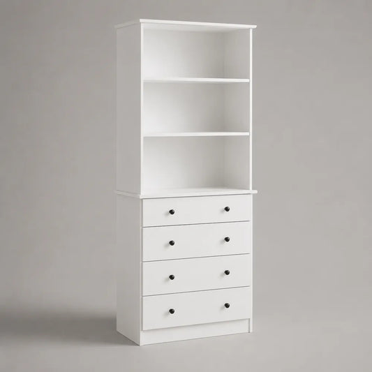 Libreria con cassetti in pannelli MDF bianco con ripiani aperti e 4 cassetti 80 x 35 x 180 cm