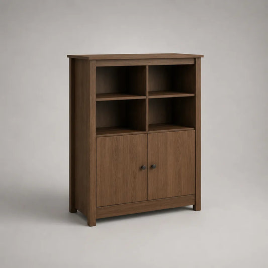 Credenza alta con ante e ripiani aperti in MDF effetto noce marrone 120x40x140 cm
