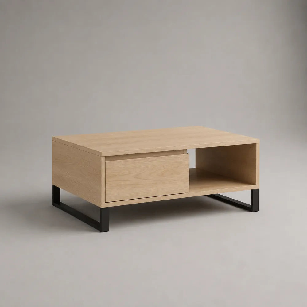 Tavolino da caffè rettangolare 120x60x45 cm in MDF effetto rovere chiaro con cassetto vano aperto e gambe in acciaio nero