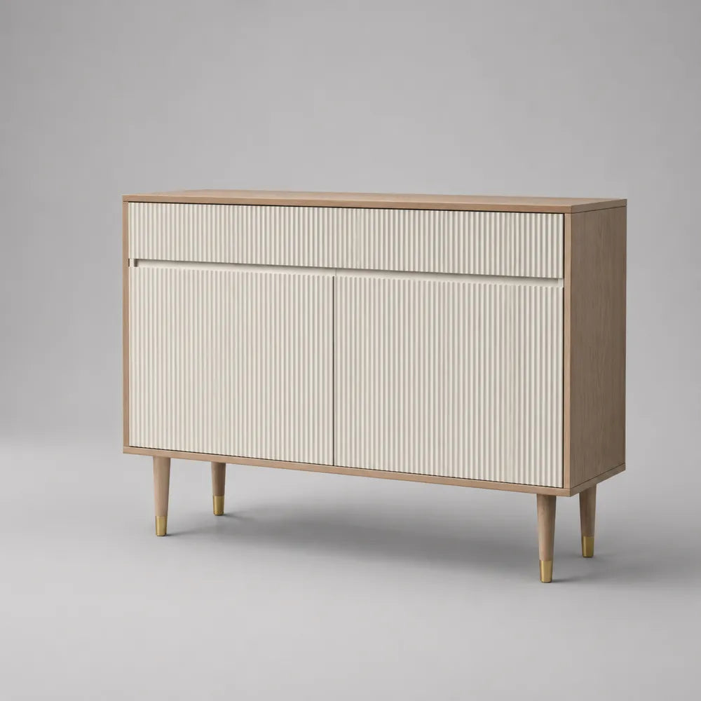 Credenza rettangolare in MDF bianco e rovere naturale con 2 ante e cassetto 160 x 40 x 85 cm