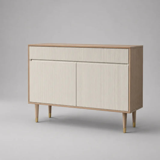 Credenza rettangolare in MDF bianco e rovere naturale con 2 ante e cassetto 160 x 40 x 85 cm