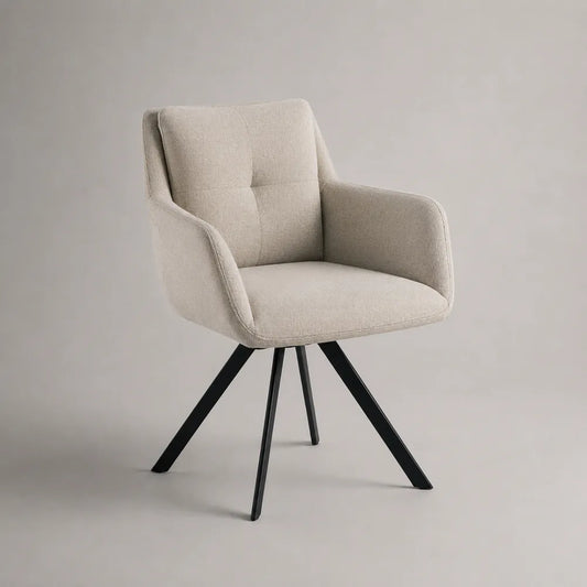 Poltrona da pranzo imbottita in tessuto poliestere beige con gambe in acciaio verniciato nero 65 x 60 x 85 cm