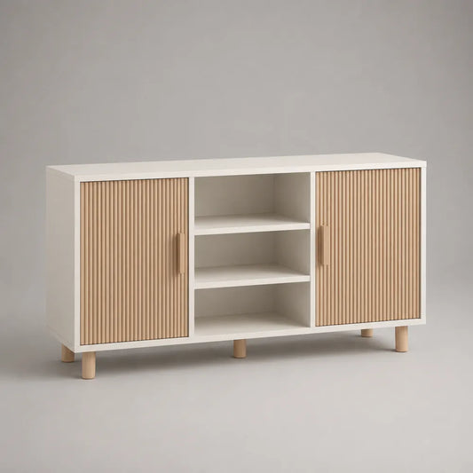 Credenza rettangolare con 2 ante e ripiani aperti in MDF bianco con inserti effetto legno scanalato 160 x 40 x 80 cm