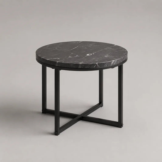 Tavolino da caffè rotondo in MDF effetto marmo nero con struttura in acciaio verniciato nero 80 x 80 x 45 cm