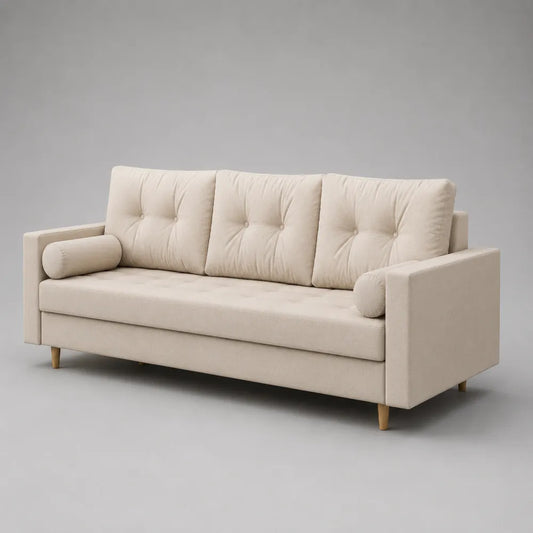 Divano 3 posti in tessuto bouclé beige con braccioli imbottiti e gambe in legno 220 x 90 x 85 cm