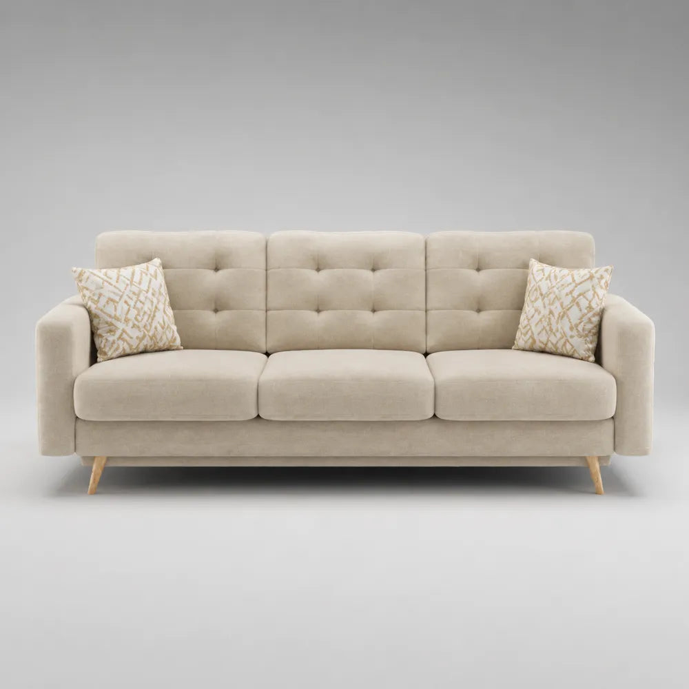 Divano 3 posti imbottito in tessuto poliestere beige con cuscini e gambe in legno struttura rettangolare 220x85x85 cm