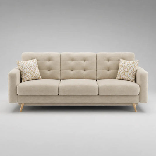 Divano 3 posti imbottito in tessuto poliestere beige con cuscini e gambe in legno struttura rettangolare 220x85x85 cm