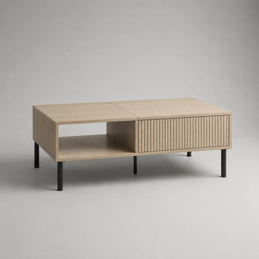 Tavolino da caffè rettangolare 120x60x45 cm in MDF effetto rovere naturale con vano aperto e anta scanalata gambe in acciaio nero