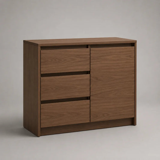Credenza da sala da pranzo rettangolare in MDF effetto noce marrone con 3 cassetti e 1 anta 140 x 40 x 80 cm