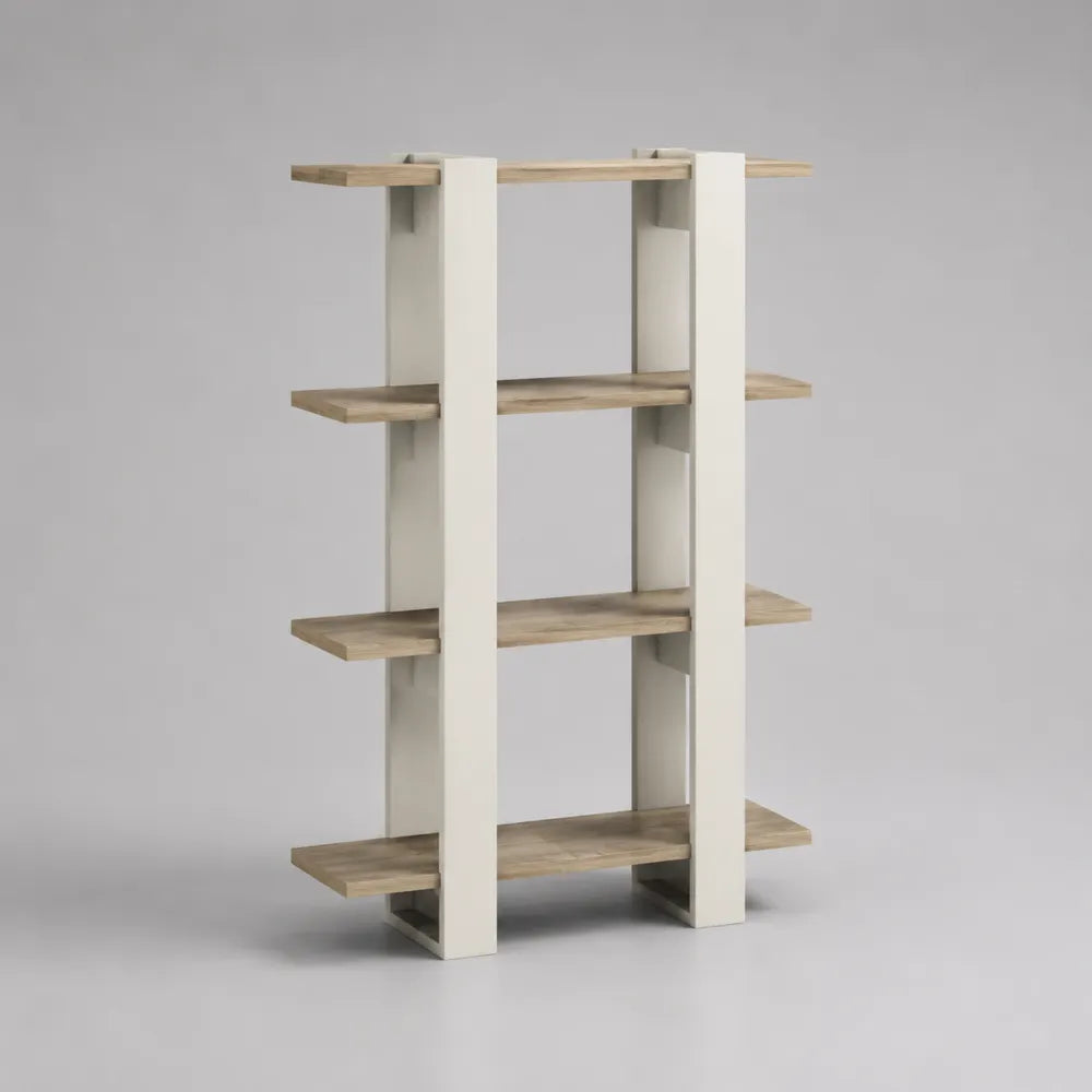 Libreria da soggiorno in MDF effetto rovere naturale e bianco con ripiani aperti 120 x 30 x 180 cm