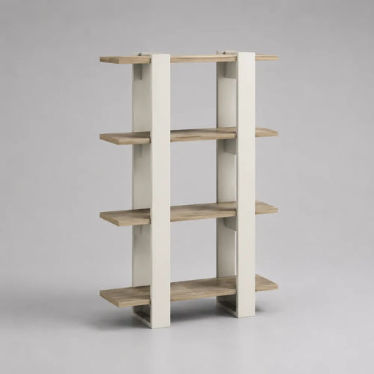 Libreria da soggiorno in MDF effetto rovere naturale e bianco con ripiani aperti 120 x 30 x 180 cm