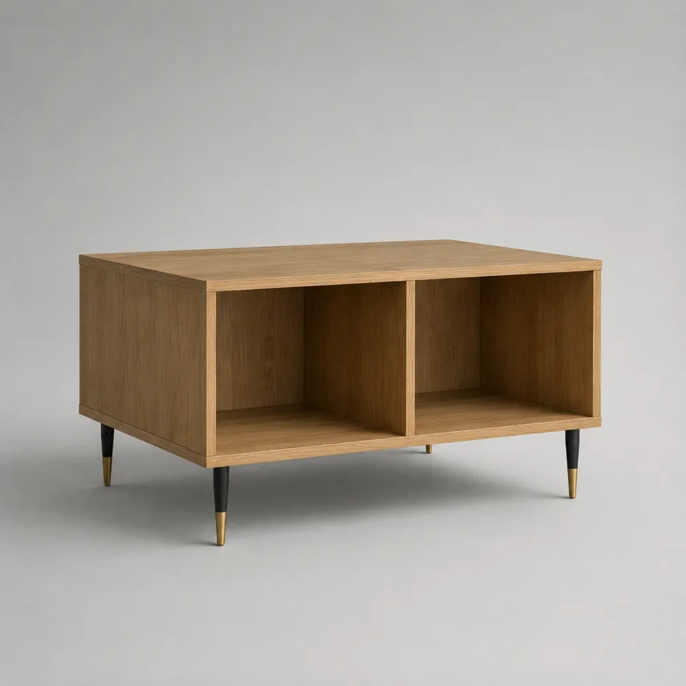 Tavolino da caffè rettangolare in MDF effetto rovere marrone con vani aperti e gambe in acciaio nero 100 x 60 x 45 cm